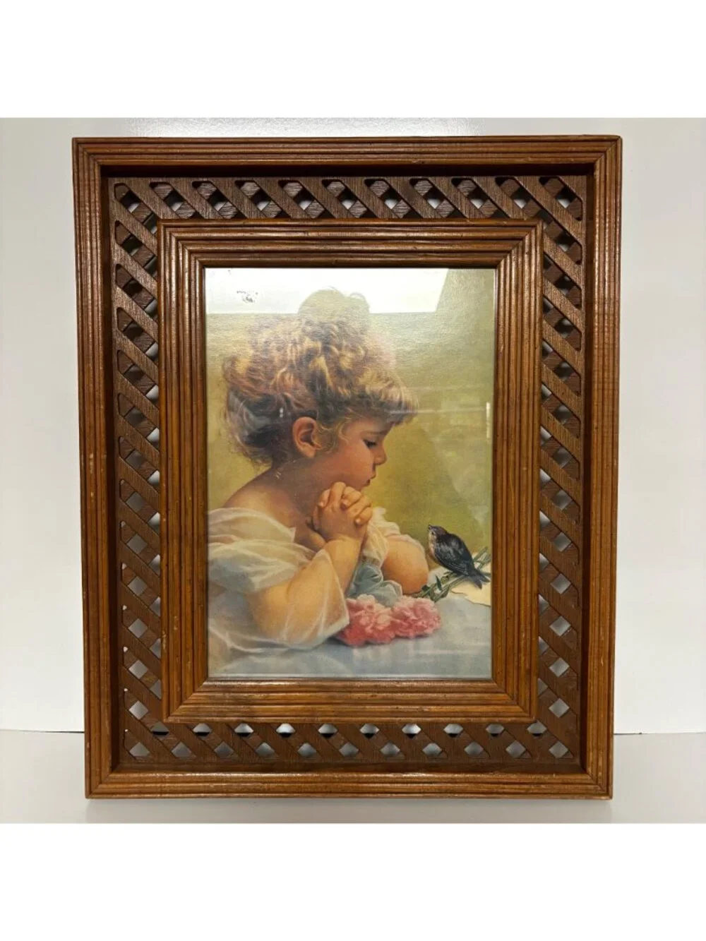 Vintage Praying Child Bird Print Wood Lattice Frame Religious Spring Wall Art